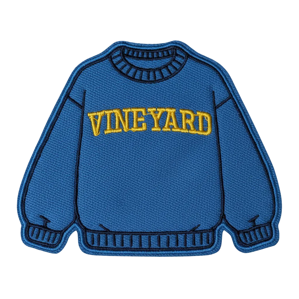 A blue embroidered patch shaped like a crewneck sweatshirt with 'VINEYARD' stitched in yellow across the chest, shown on a plain light background.